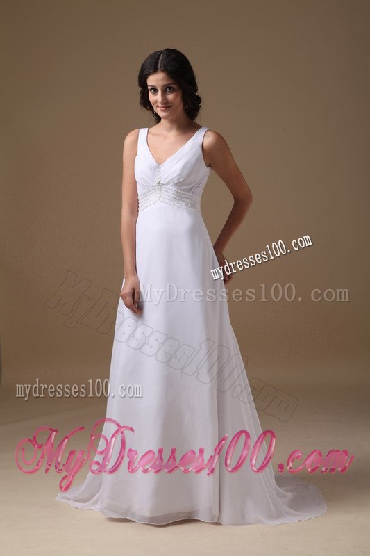 Lovely Empire V-neck Brush Train Beading Beach 2013 Wedding Dress