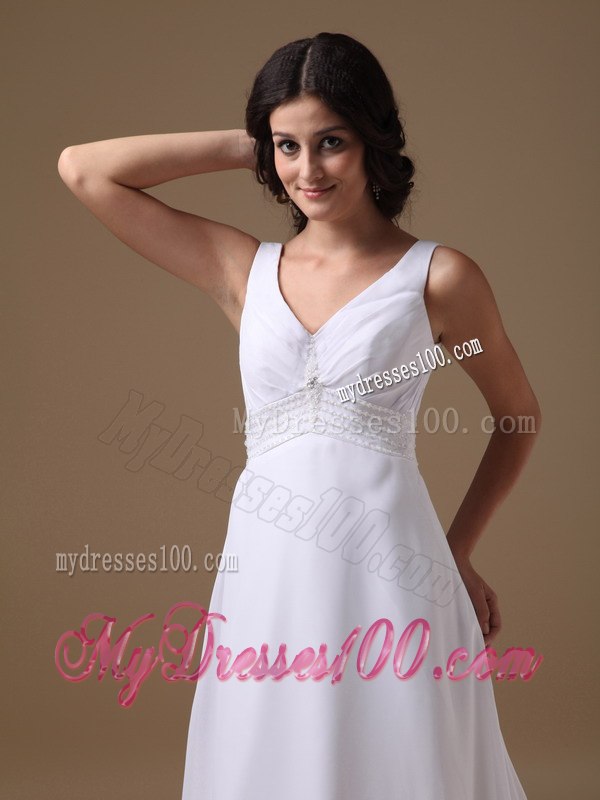 Lovely Empire V-neck Brush Train Beading Beach 2013 Wedding Dress