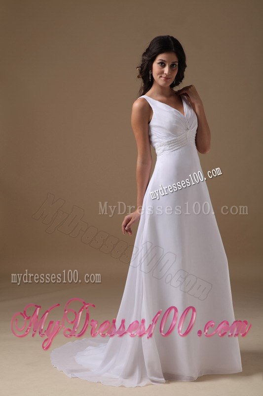 Lovely Empire V-neck Brush Train Beading Beach 2013 Wedding Dress