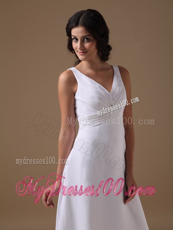 Lovely Empire V-neck Brush Train Beading Beach 2013 Wedding Dress