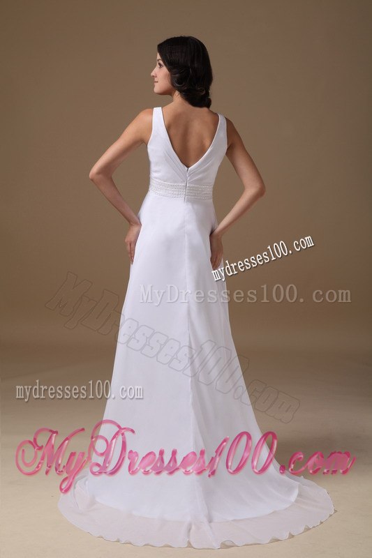 Lovely Empire V-neck Brush Train Beading Beach 2013 Wedding Dress