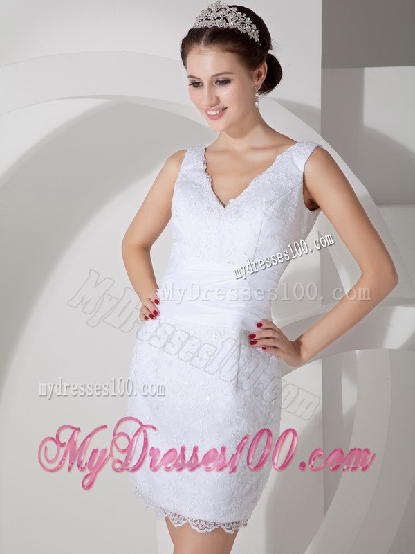 Low Price Column V-neck Mini-length Lace Wedding Dress for Beach