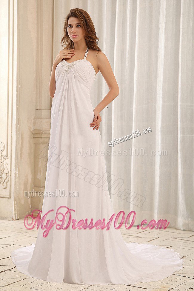 Luxurious Empire Halter Appliques and Ruched Wedding Dress For Hall