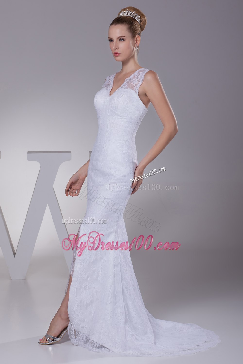 Mermaid V-neck High Slit Brush Train Wedding Dress