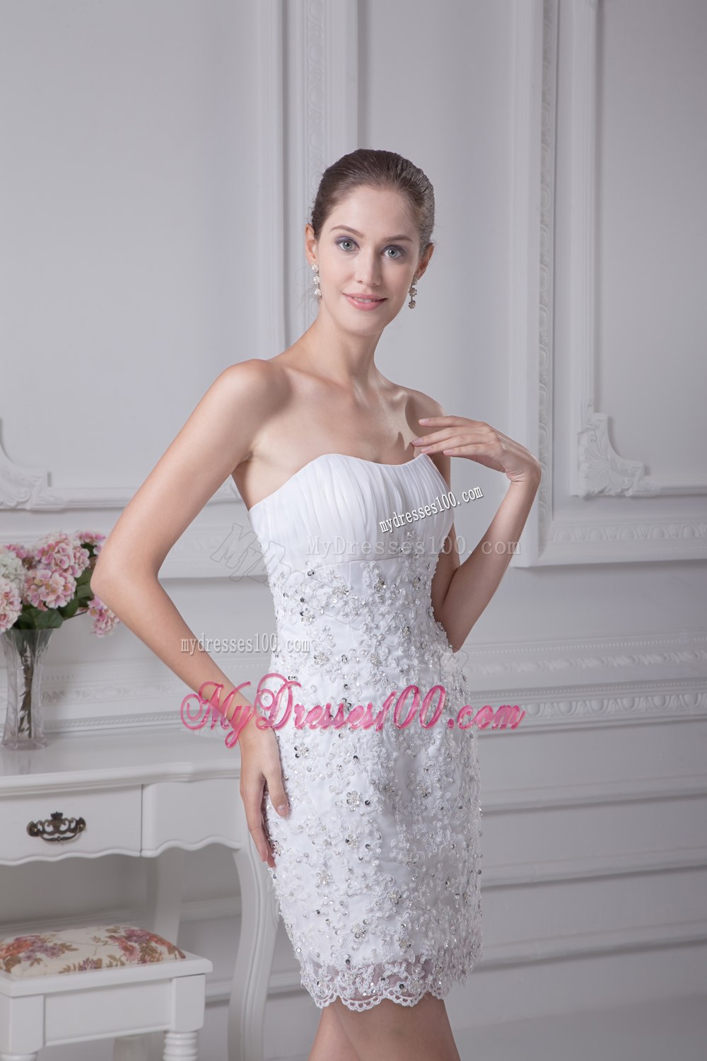 Mini-length Lace Strapless Column Wedding Dress
