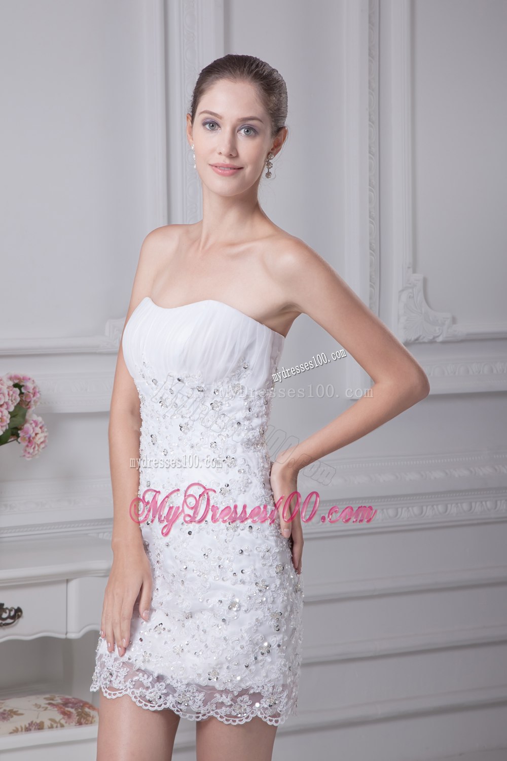 Mini-length Lace Strapless Column Wedding Dress