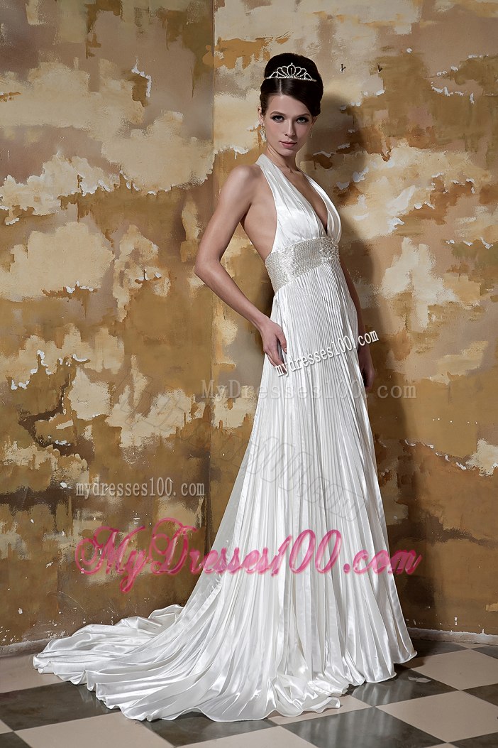 Modest 2013 Column Halter Sweep Train Beading Hall Wedding Dress