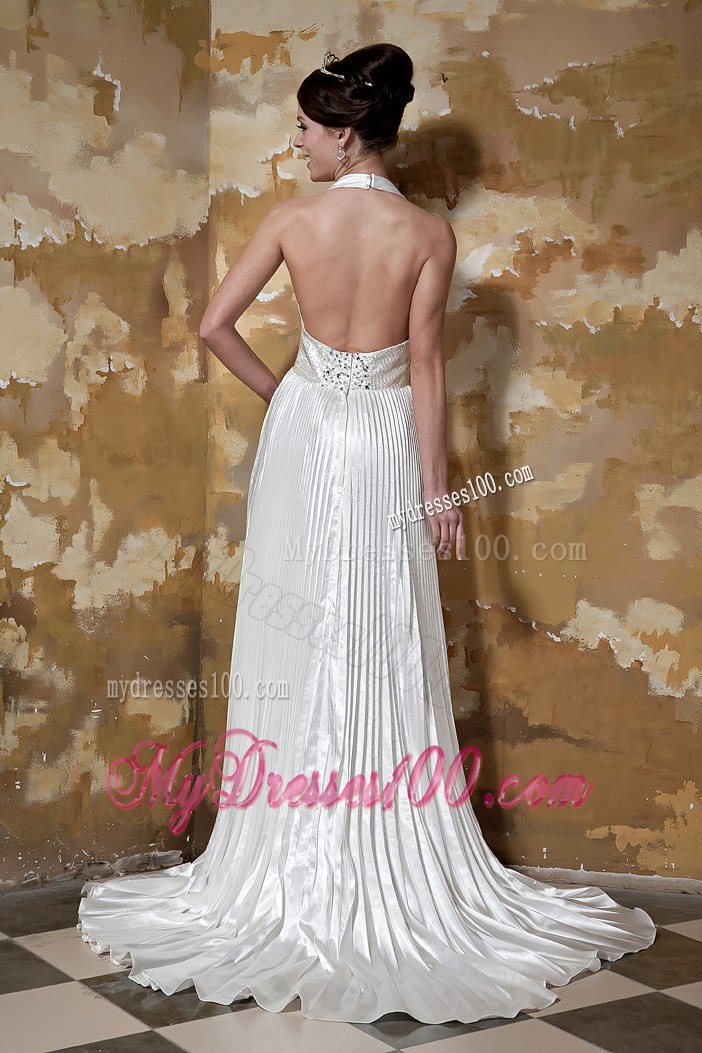 Modest 2013 Column Halter Sweep Train Beading Hall Wedding Dress