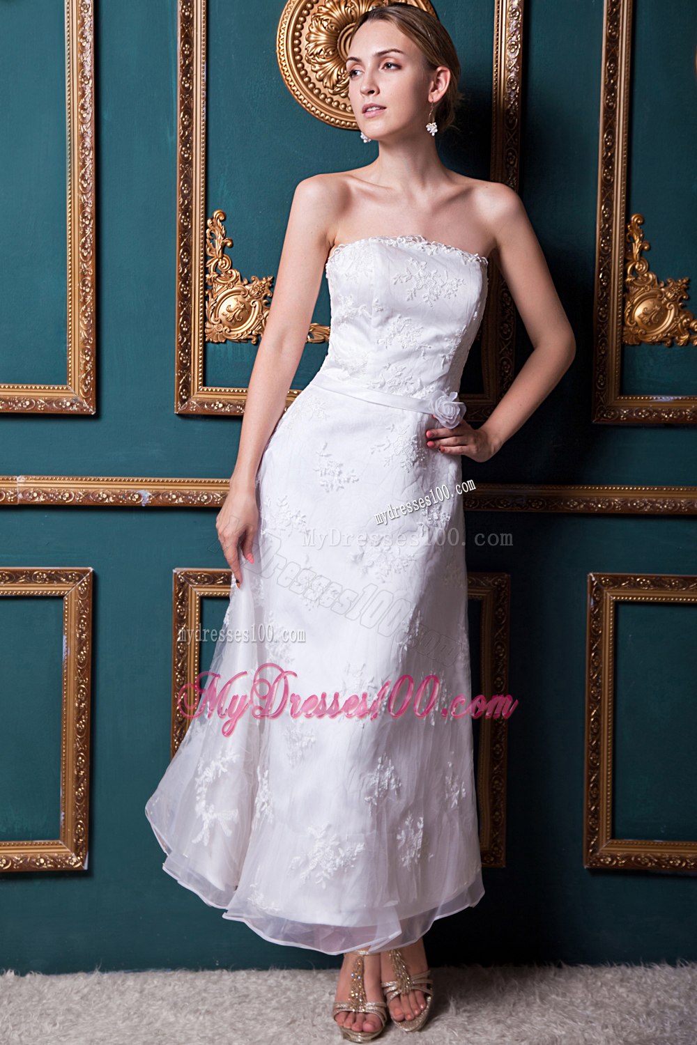 Modest Column Strapless Ankle-length Appliques 2013Wedding Dress