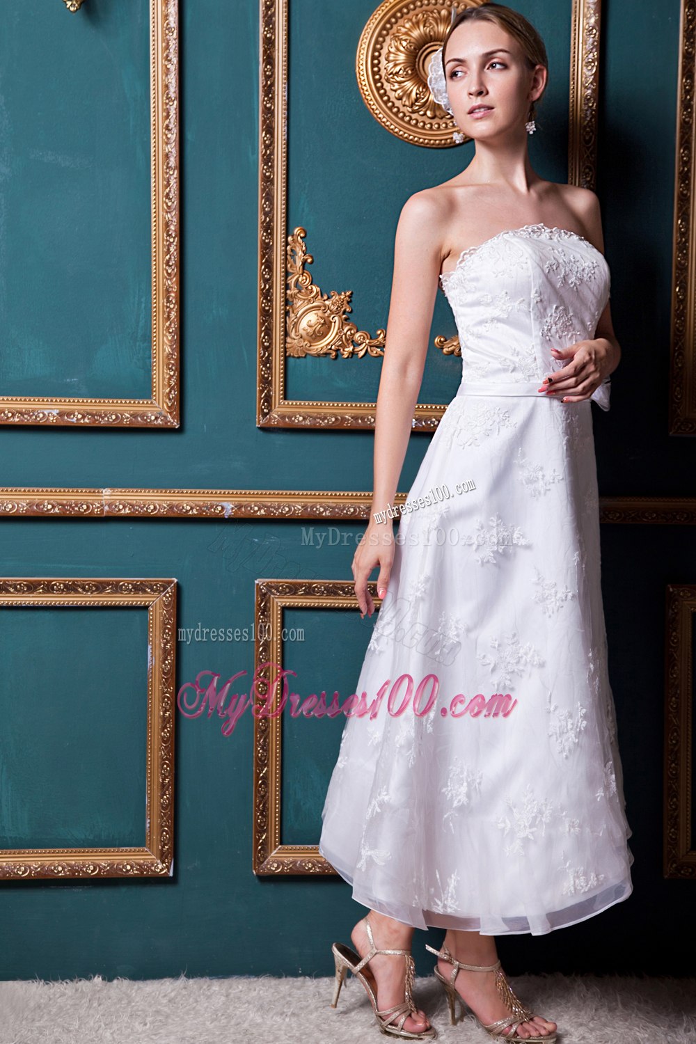 Modest Column Strapless Ankle-length Appliques 2013Wedding Dress