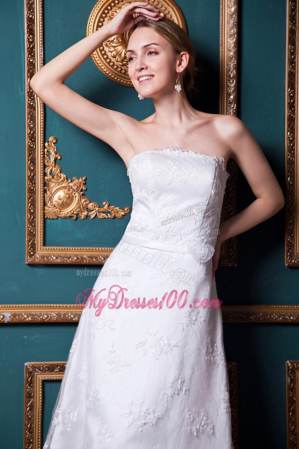 Modest Column Strapless Ankle-length Appliques 2013Wedding Dress