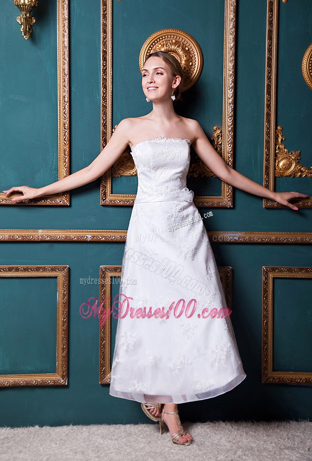 Modest Column Strapless Ankle-length Appliques 2013Wedding Dress