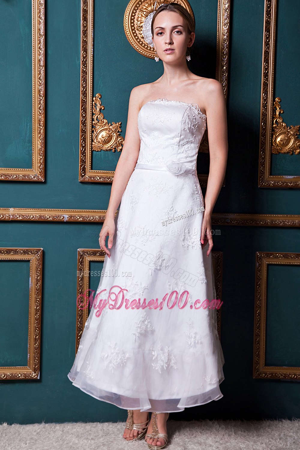 Modest Column Strapless Ankle-length Appliques 2013Wedding Dress