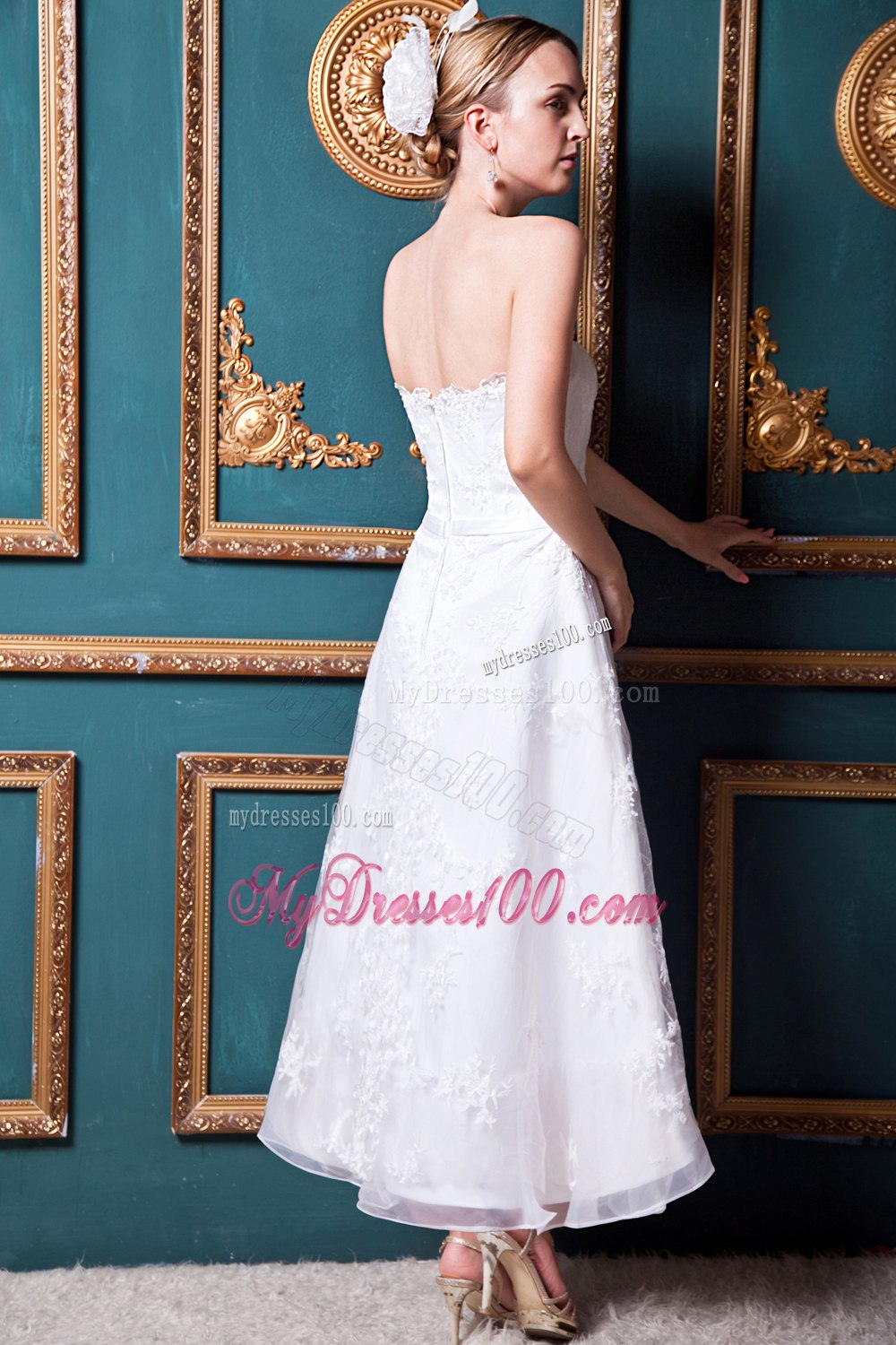 Modest Column Strapless Ankle-length Appliques 2013Wedding Dress