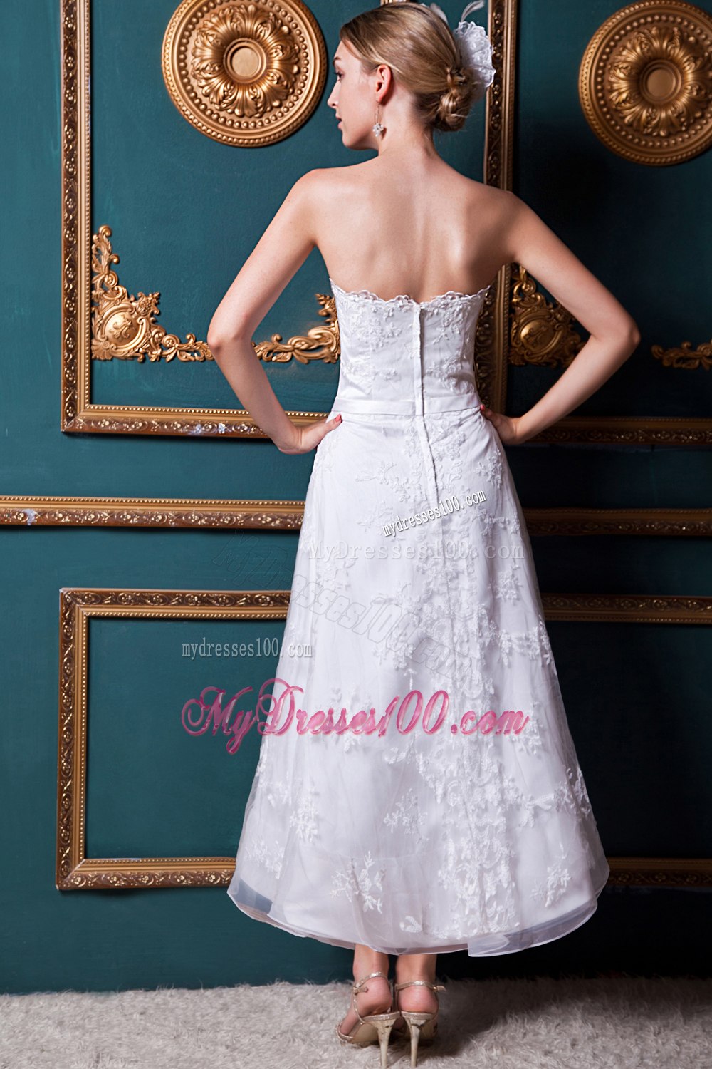 Modest Column Strapless Ankle-length Appliques 2013Wedding Dress