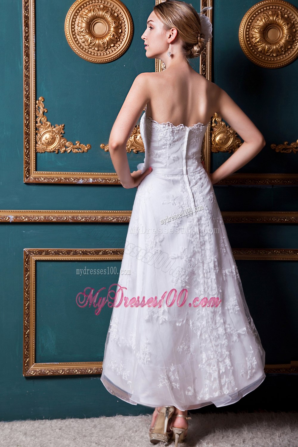Modest Column Strapless Ankle-length Appliques 2013Wedding Dress