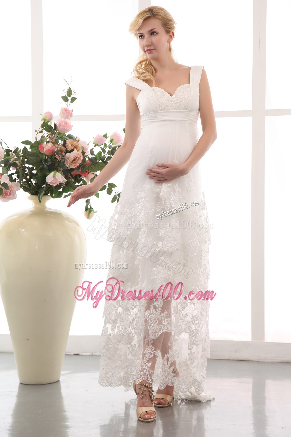 Summer Modest Column Straps Ankle-length Lace Wedding Dresses