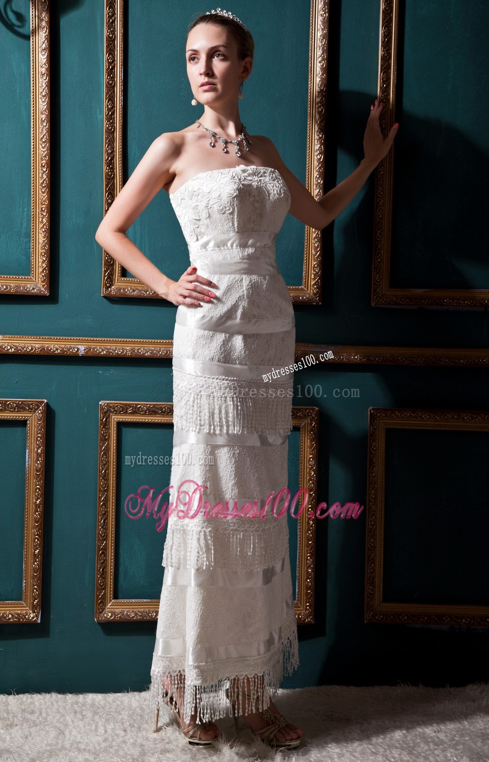 New Arrival Column Strapless Tea-length Lace Beading Wedding Dress