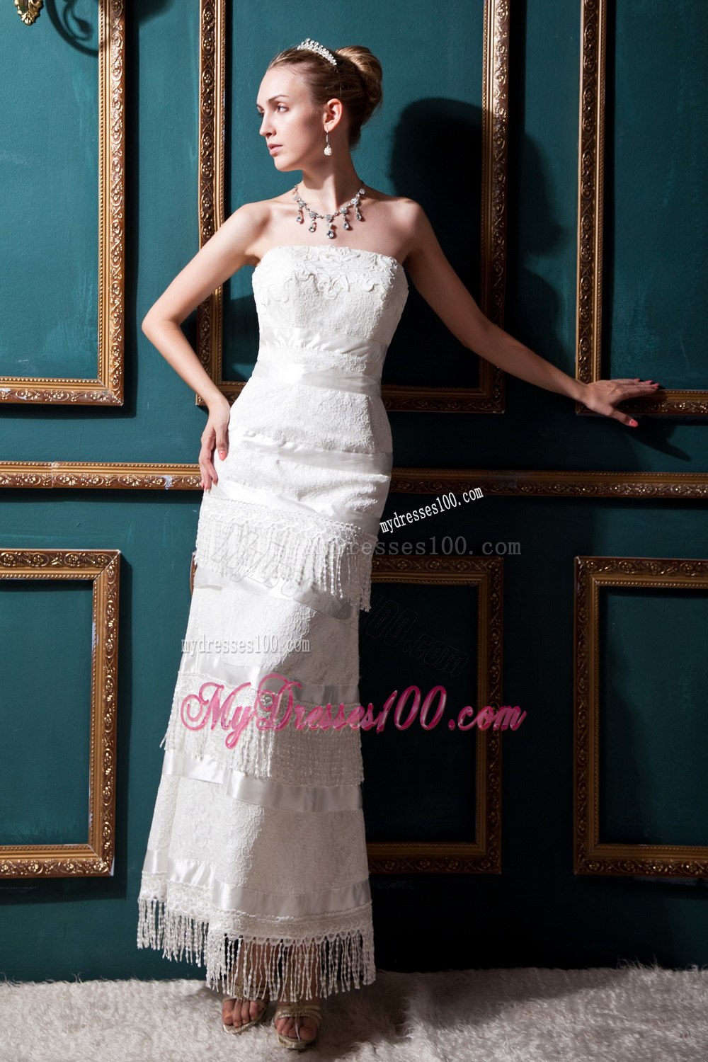 New Arrival Column Strapless Tea-length Lace Beading Wedding Dress