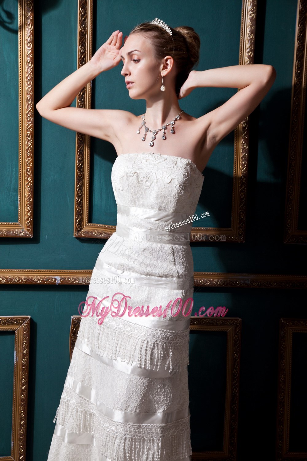 New Arrival Column Strapless Tea-length Lace Beading Wedding Dress