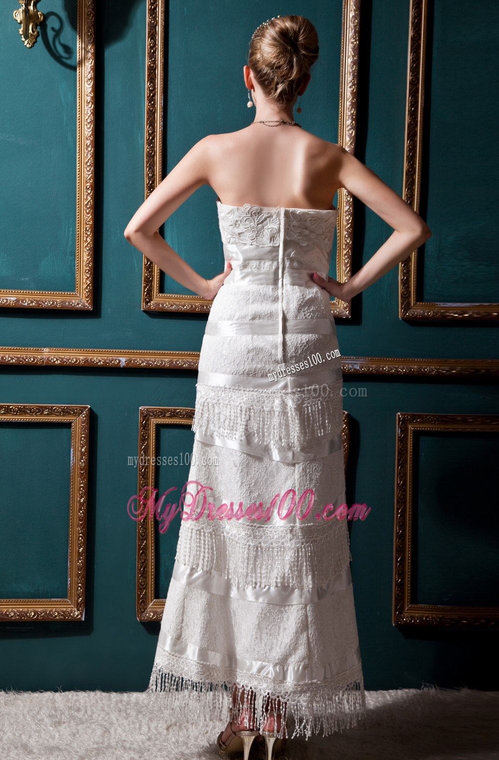 New Arrival Column Strapless Tea-length Lace Beading Wedding Dress