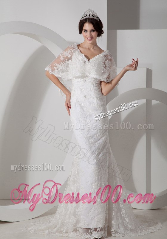 New Arrival Column V-neck Brush Train Lace Wedding Dress for Hall