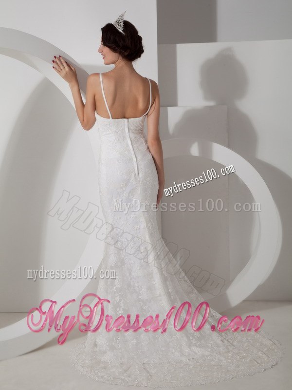 New Arrival Column V-neck Brush Train Lace Wedding Dress for Hall