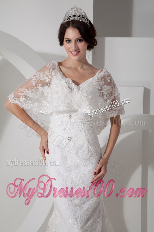 New Arrival Column V-neck Brush Train Lace Wedding Dress for Hall