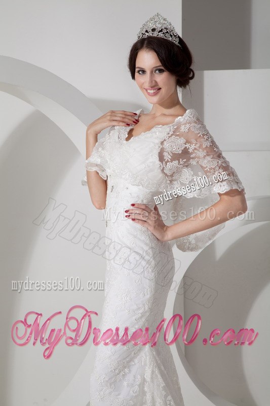 New Arrival Column V-neck Brush Train Lace Wedding Dress for Hall
