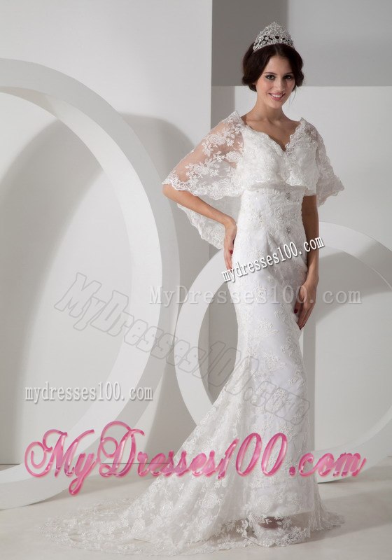 New Arrival Column V-neck Brush Train Lace Wedding Dress for Hall