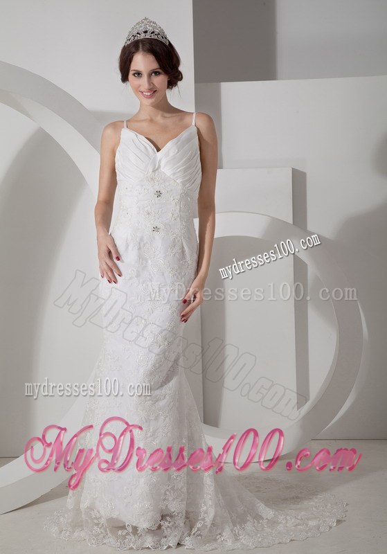 New Arrival Column V-neck Brush Train Lace Wedding Dress for Hall