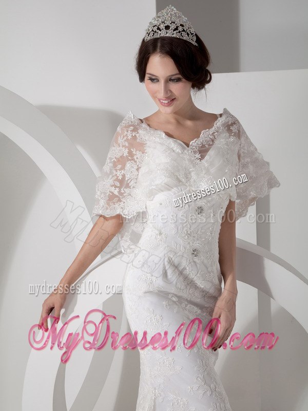 New Arrival Column V-neck Brush Train Lace Wedding Dress for Hall