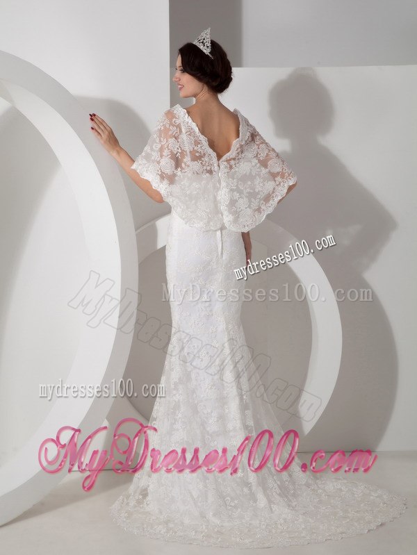 New Arrival Column V-neck Brush Train Lace Wedding Dress for Hall