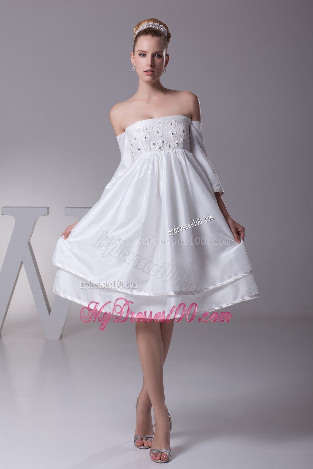 Off The Shoulder 3/4 Sleeves Knee-length Wedding Dress