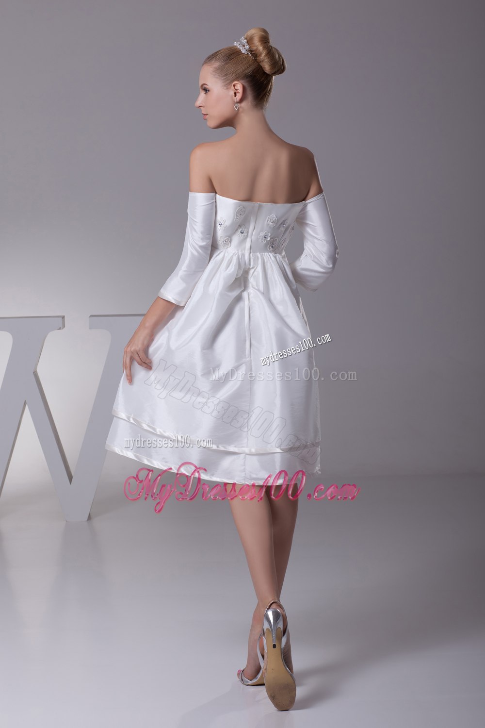 Off The Shoulder 3/4 Sleeves Knee-length Wedding Dress
