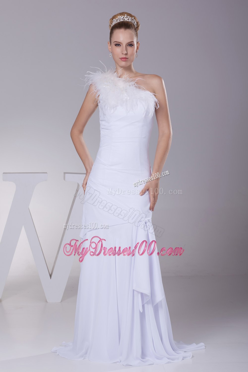 One Shoulder Chiffon Mermaid Feather Brush Train Wedding Dress