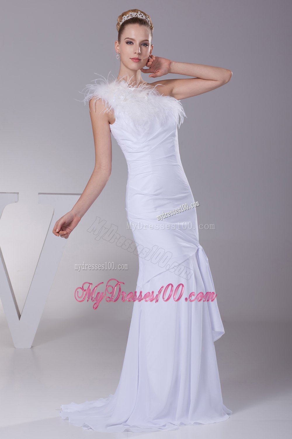 One Shoulder Chiffon Mermaid Feather Brush Train Wedding Dress