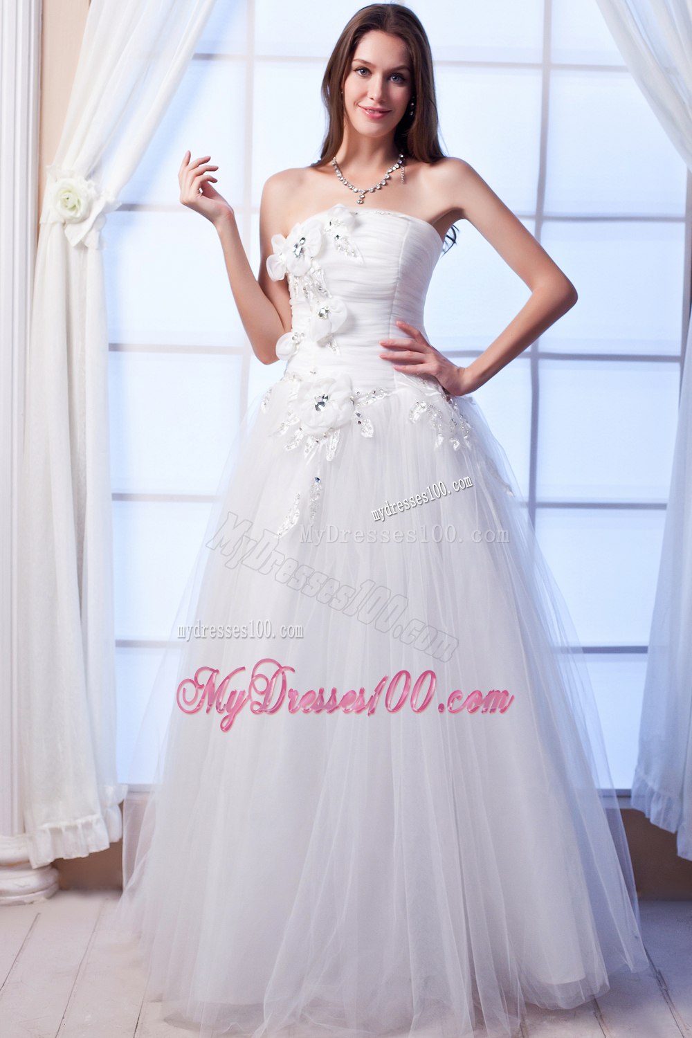 Popular Strapless Long Beading Hand Made Flower Wedding Dress