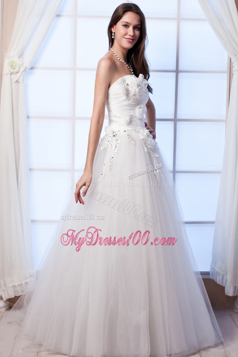 Popular Strapless Long Beading Hand Made Flower Wedding Dress