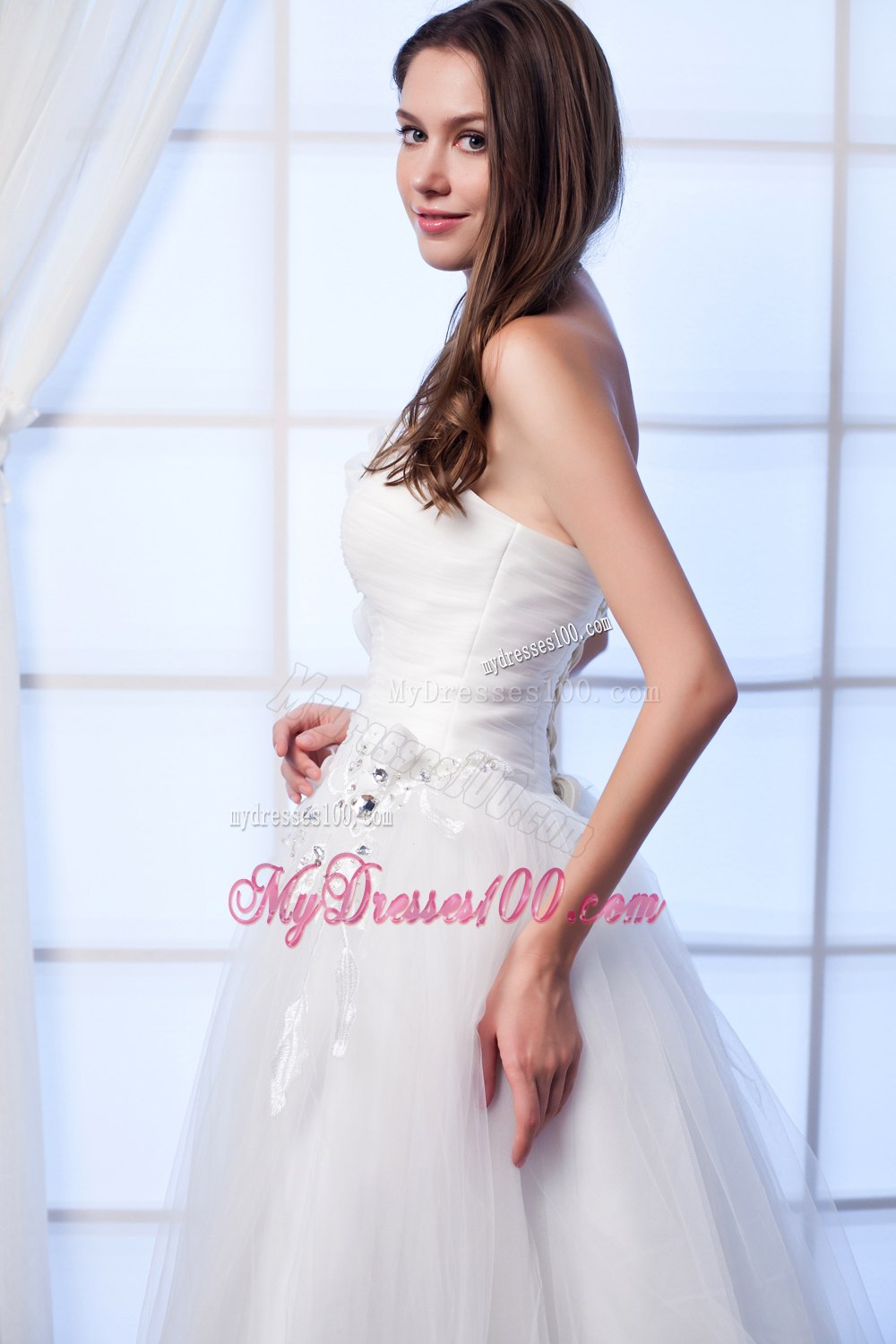 Popular Strapless Long Beading Hand Made Flower Wedding Dress
