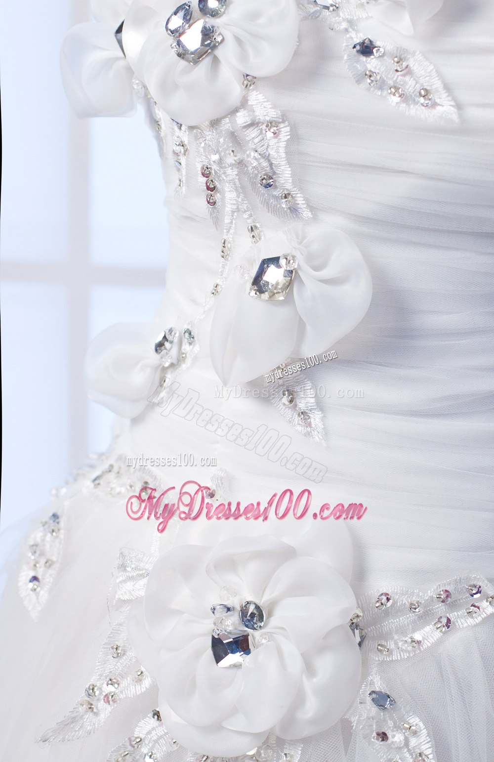Popular Strapless Long Beading Hand Made Flower Wedding Dress