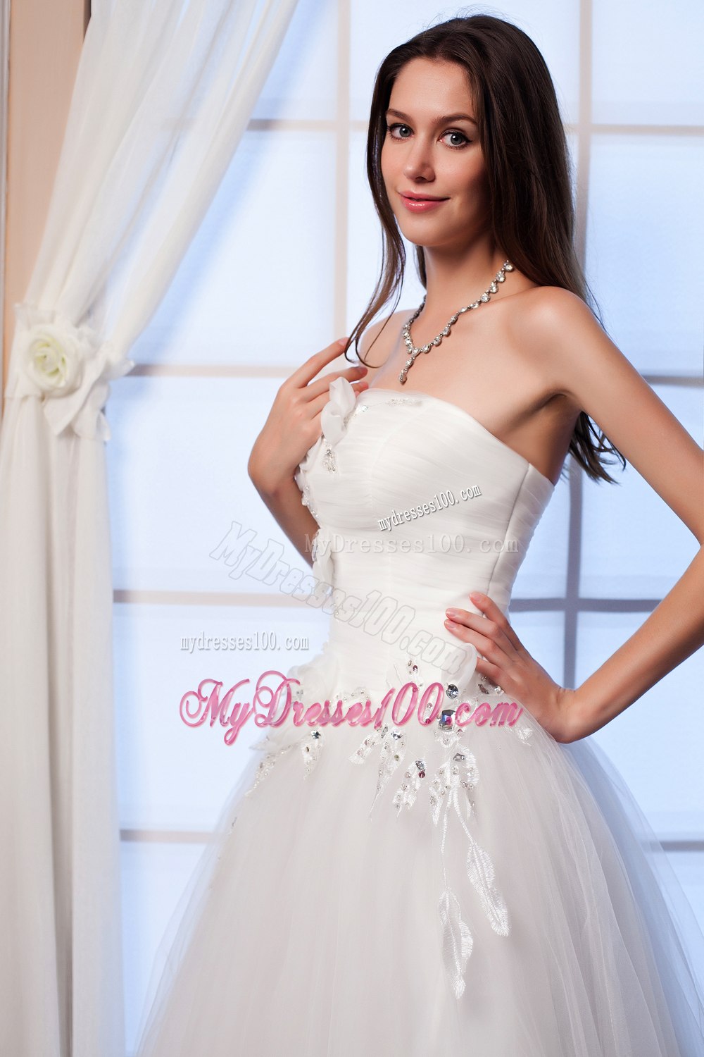 Popular Strapless Long Beading Hand Made Flower Wedding Dress