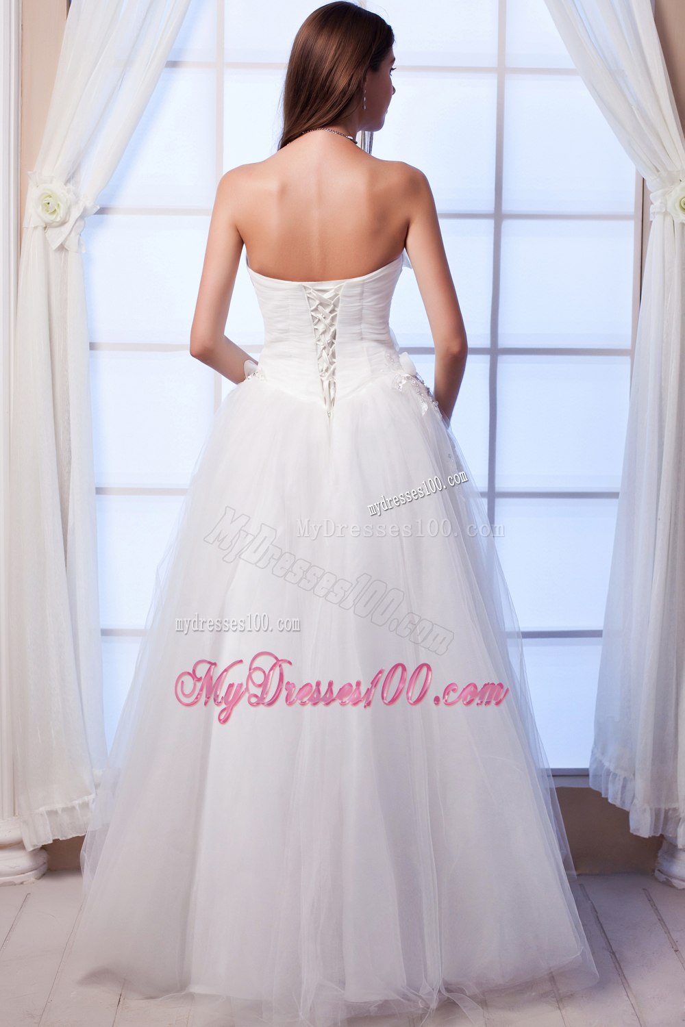 Popular Strapless Long Beading Hand Made Flower Wedding Dress