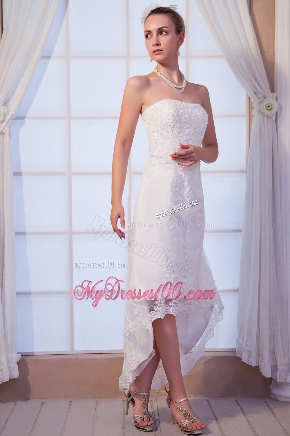 Popular Column Strapless High-low Lace Clasp Handle Wedding Dress
