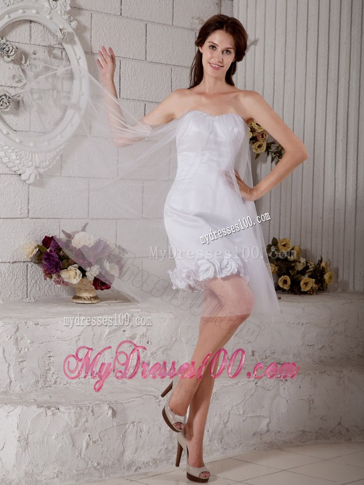 Cheap Column Strapless Short Hand Made Flowers Beach Wedding Dress