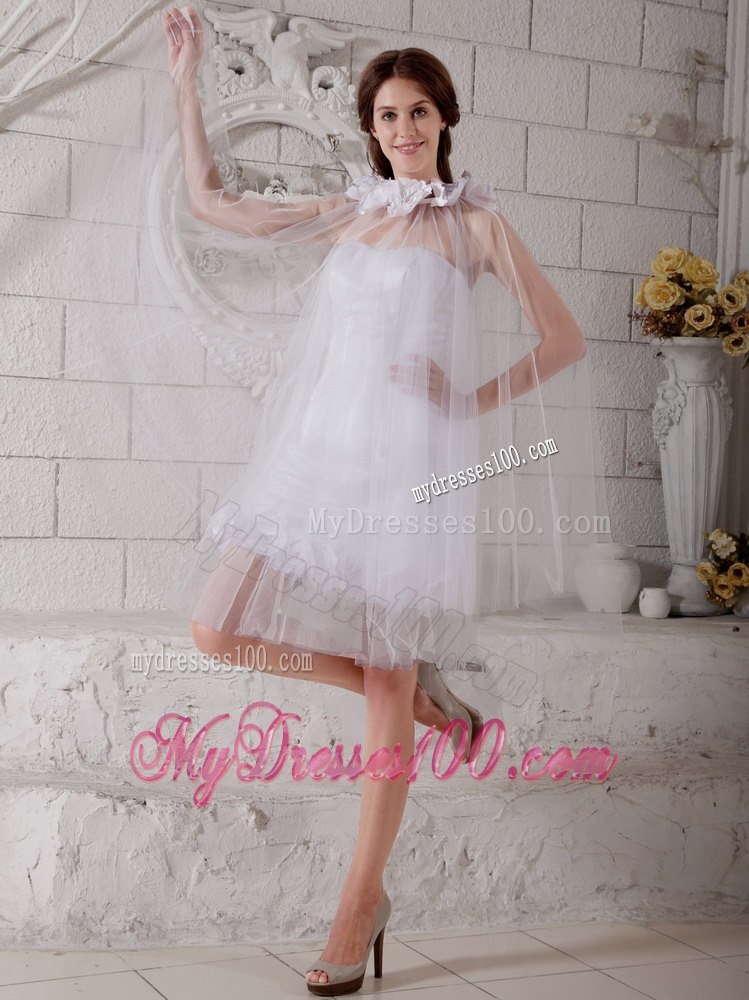 Cheap Column Strapless Short Hand Made Flowers Beach Wedding Dress