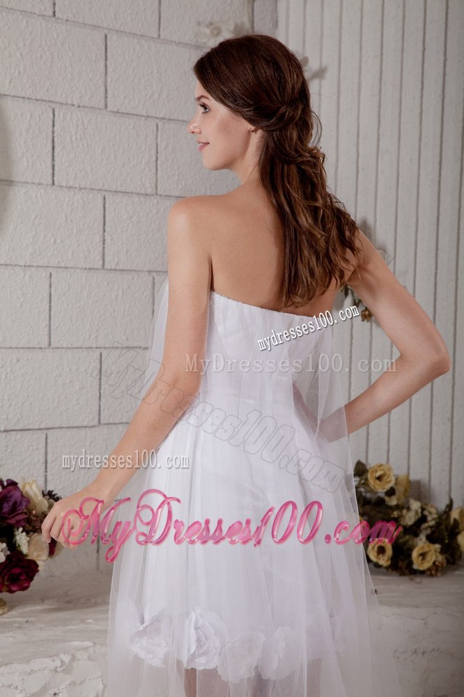 Cheap Column Strapless Short Hand Made Flowers Beach Wedding Dress