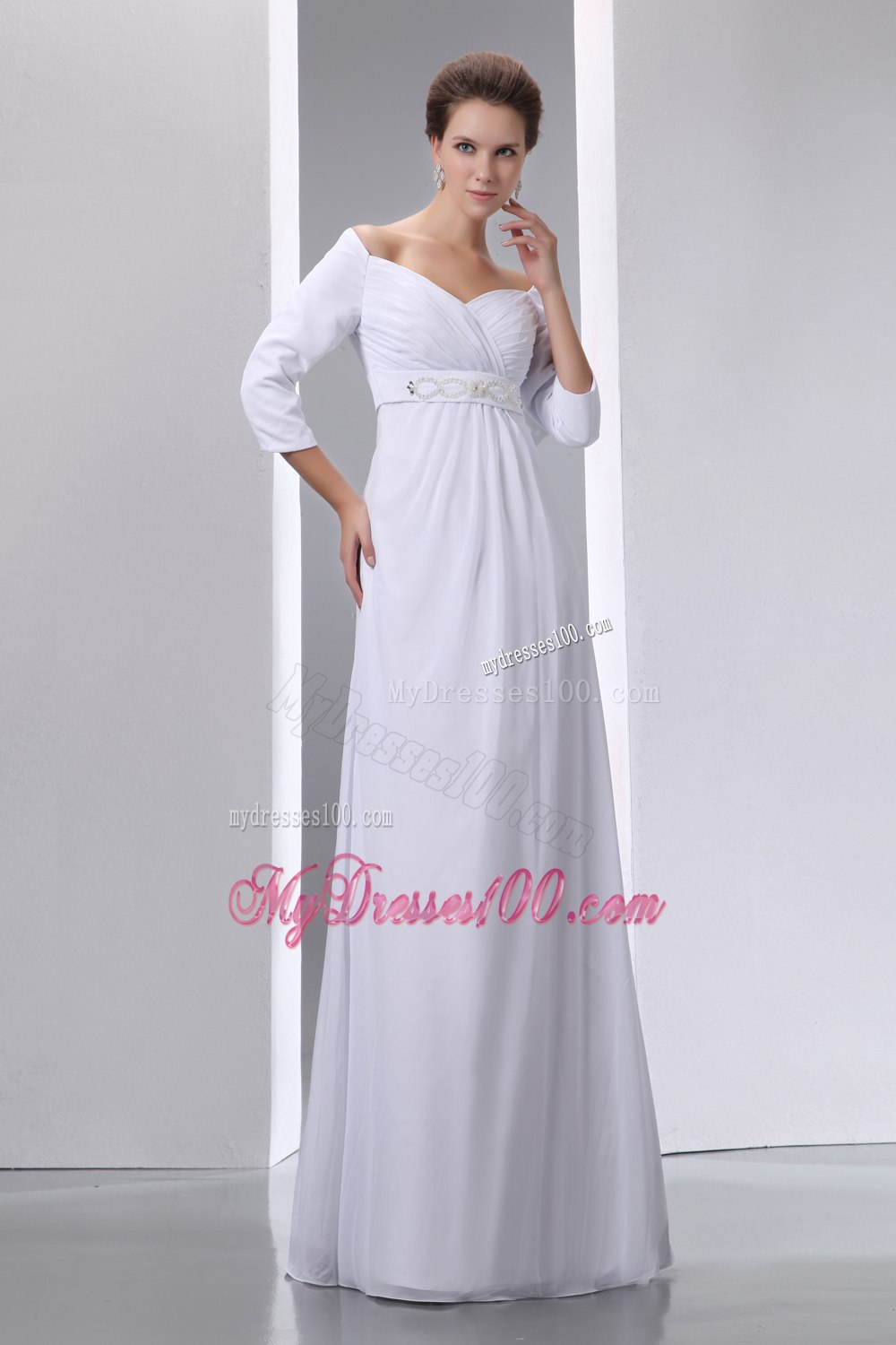 Popular Empire Off The Shoulder Beading Half Sleeves Wedding Dress