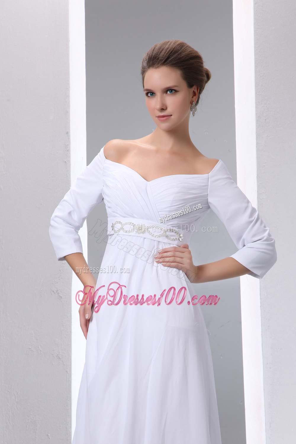 Popular Empire Off The Shoulder Beading Half Sleeves Wedding Dress