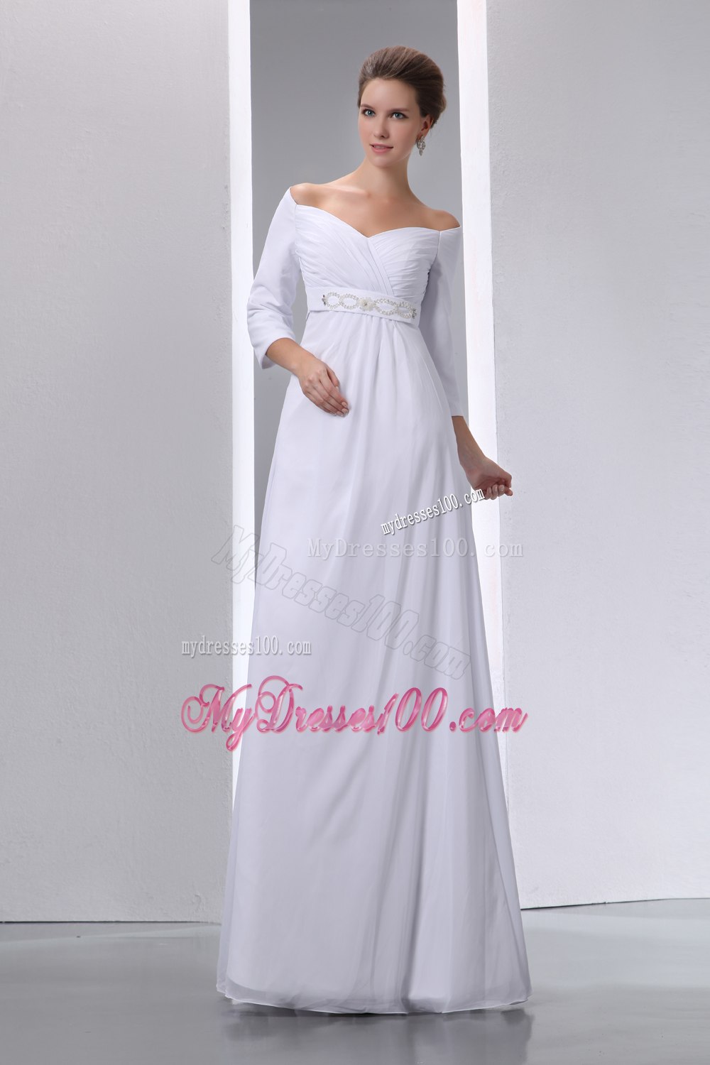 Popular Empire Off The Shoulder Beading Half Sleeves Wedding Dress